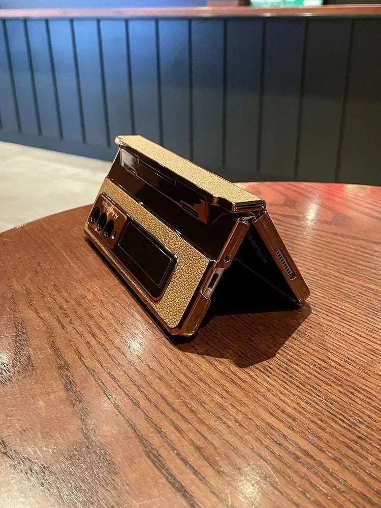 Luxury Leather Samsung Z Fold 6 Case with Screen Protector - Gold