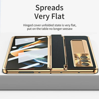 Luxury Leather Samsung Z Fold 6 Case with Screen Protector - Gold
