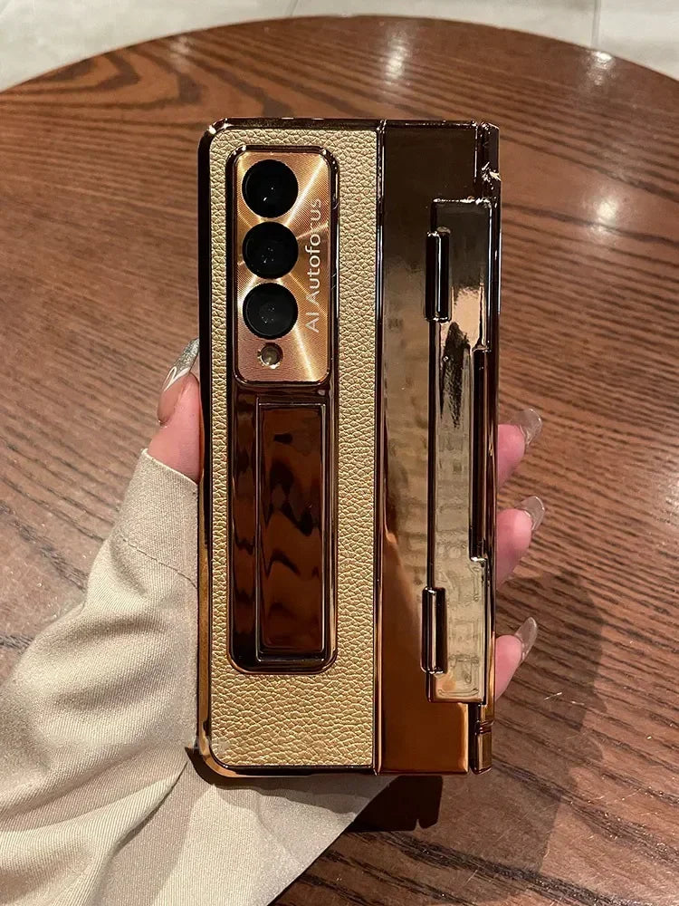 Luxury Leather Samsung Z Fold 6 Case with Screen Protector - Gold