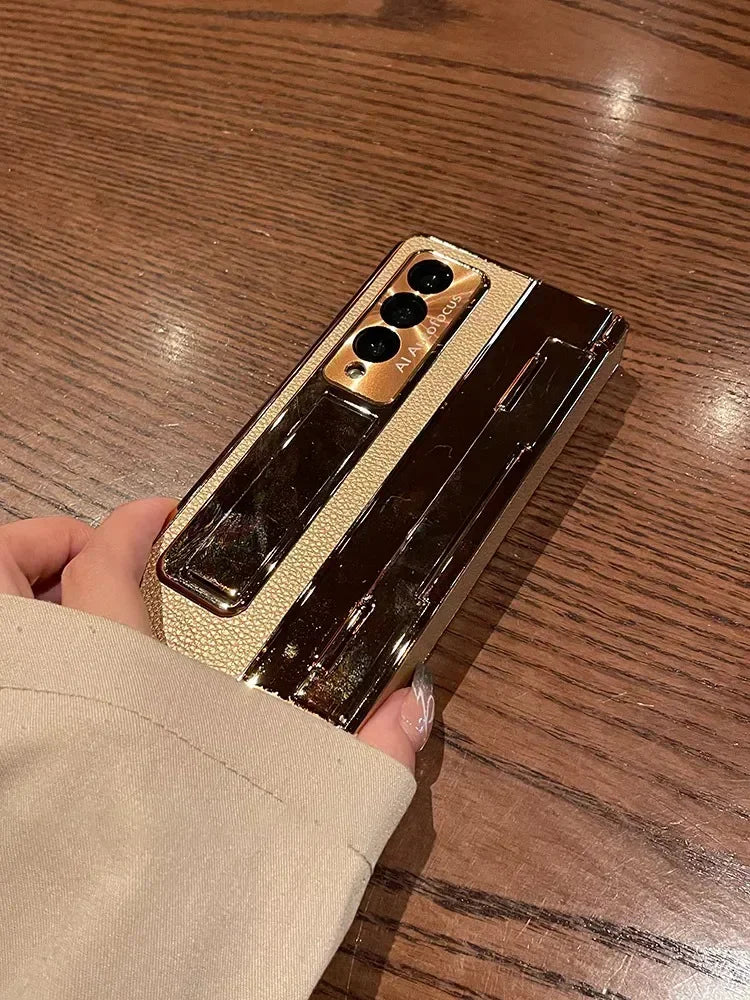 Luxury Leather Samsung Z Fold 6 Case with Screen Protector - Gold