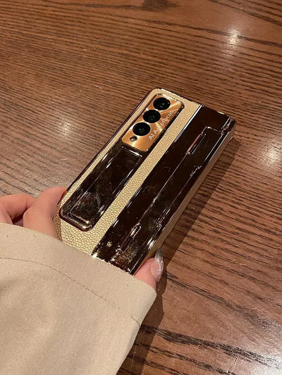 Luxury Leather Samsung Z Fold 6 Case with Screen Protector - Gold