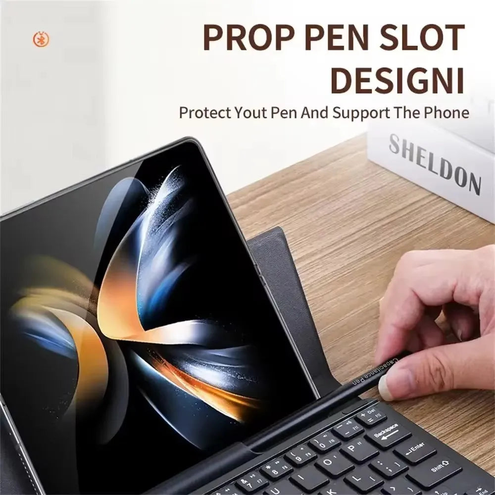 4 in 1 Magnetic Keyboard Case for Samsung Z Fold 6 - Leather Stand with Pen Slot