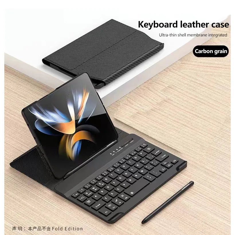 4 in 1 Magnetic Keyboard Case for Samsung Z Fold 6 - Leather Stand with Pen Slot